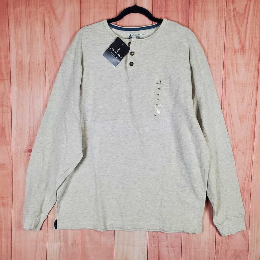 Lanesboro Mens Henley Shirt 2XL Beige 100%‎ Cotton Knitted Long Sleeve Pullover